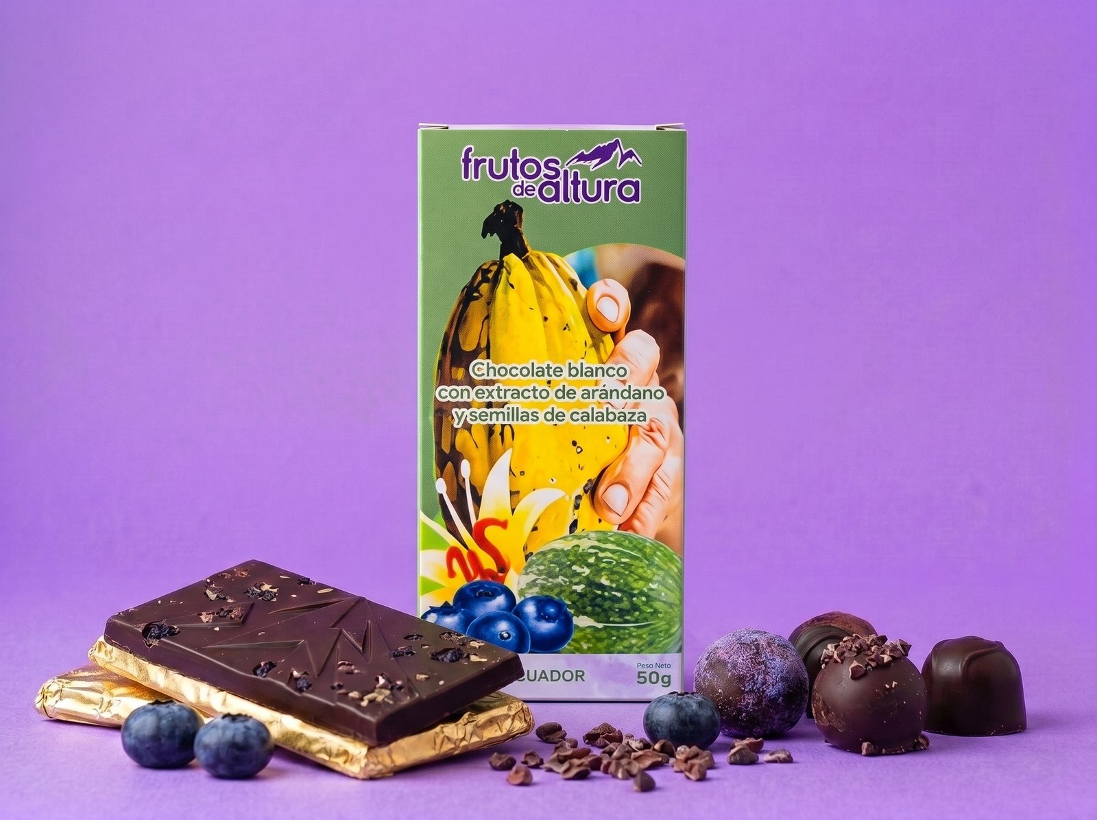 Barra de Chocolate Blanco con Extracto de Arándano Andino y Semillas de Calabaza (50 g) - Image 2