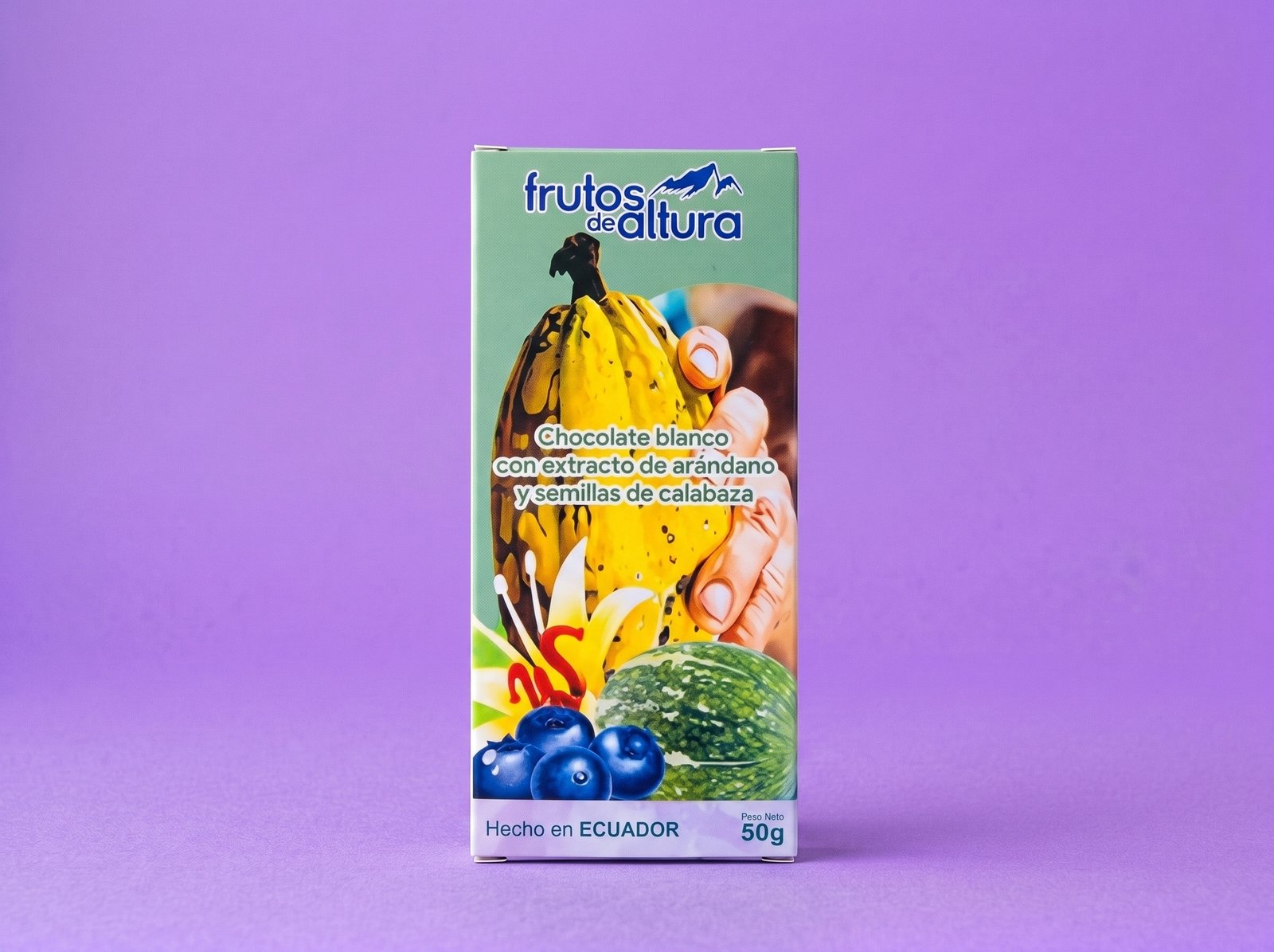 Barra de Chocolate Blanco con Extracto de Arándano Andino y Semillas de Calabaza (50 g)